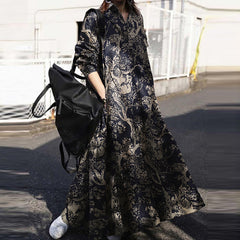 ZANZEA ladies European and American style bohemian vacation printing style lapel long sleeve pocket fashion loose casual long shirt dress large size