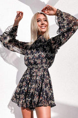 Long-sleeved dress, short skirt, printed short skirt, chiffon temperament, commuter women's clothing