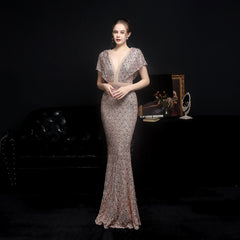 Hot-selling new 2023 plaid bead fishtail banquet elegant temperament annual meeting host car model party dress female autumn