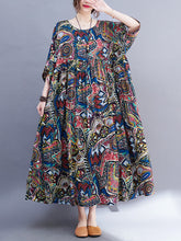 Summer new product, artistic retro, age-reducing fat mm 200 pounds short-sleeved large printed dress cotton