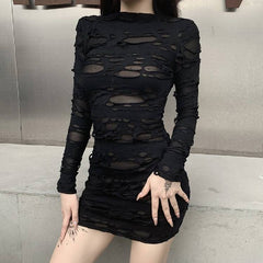 Helisopus New Gothic Black Mini Dress Streetwear Rock Punk Hollow Retro High Waist Long Sleeve Bodycon Party Dresses