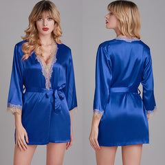 بيجامة من الحرير الجليدي ثوب نوم للسيدات صيفي حريري مثير من الدانتيل رداء حمام ملابس منزلية