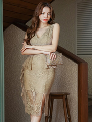 Fashion Korean Vintage Sleeveless Midi Party Club Dress Ladies Elegant Sexy Lace Perspective Ruffle Bodycon Split Pencil Dress