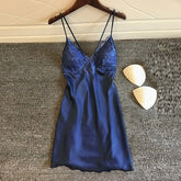 Women Sexy Nightgowns Solid Color Sleepwear Plus Size Sling Nightdress Ice Silk Comfy Homewear Removable Chest Pad Lace Lingerie