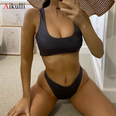 New Grey Bikinis Swimsuits Women's Two Piece Swimwear 2022 Summer Beach Swimming Sets Push Up Female Sports Bathing Suits