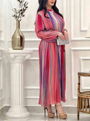 Colorful Pleated Elastic Waist Tie Dress