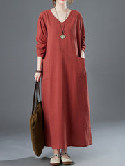 Ladies spring new retro cotton and linen V-neck plus fat to increase long-sleeved dress robe