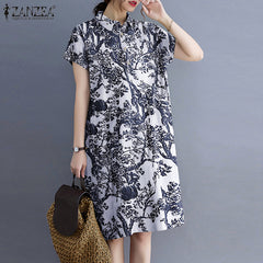 ZANZEA ladies Japanese and Korean literature and art print style ladies shirt skirt collar short-sleeved short skirt fashion trend elegant knee-length skirt spring and autumn daily leisure vacation style long dress in large size