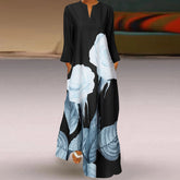 ZANZEA women's European and American temperament contrast flower print small V-neck long sleeve pocket pocket fashion trend elegant long dress loose spring and autumn daily casual bohemian resort style long dress S-5XL