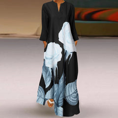 ZANZEA women's European and American temperament contrast flower print small V-neck long sleeve pocket pocket fashion trend elegant long dress loose spring and autumn daily casual bohemian resort style long dress S-5XL