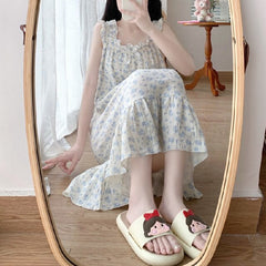 Young Girl Sweet Nightdress Spring Summer Shortless Sleeve Nightgowns & Sleepshirts Women Sleepwear Style Outwear