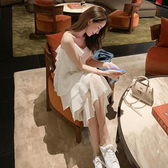 Dress Women's Spaghetti Suspenders Ulzzang Summer Vacation All Matching Casual Loose Friends Solid Color Simple Inner V Neck Ladies Clothes