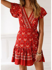 فستان نسائي صيفي قصير غير رسمي بأكمام قصيرة مطبوع عليه زهور ورقبة على شكل V مثير ملفوف بوهو للشاطئ رداء S ~ 5XL