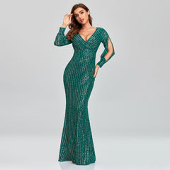 European and American women's dress multi-color large size long-sleeved V-neck sequined mermaid evening dress