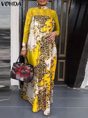 VONDA Elegant Dresses For Women 2022 Random Printed Turtleneck Long Puff Sleeve Pleated A-Line Vestidos Bohemian Party Casual Plus Size Long Dresses