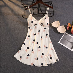 Print Sweetheart Spaghetti Strap Nightdress Sexy Side Splite Nightgown Sweet Bow Lace Trim Sleepwear Satin Casual Sleep Shirt