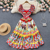 European and American temperament street shooting holiday wind printing mid-length dress retro court style temperament waist waist big skirt