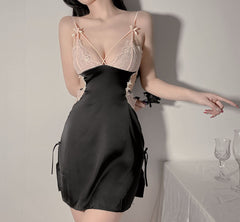 QWEEK Sexy Exotic Night Dress Women Silk Sleepwear Lace Patchwork Nightgown Summer 2021 Nightwear Dressing Gown Ladies