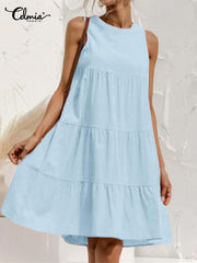 Celmia Elegant Dresses For Women 2022 Solid O Neck Sleeveless Slip Dress Pleated A-Line Vestidos Bohemian Party Casual Summer Plus Size Short Dresses