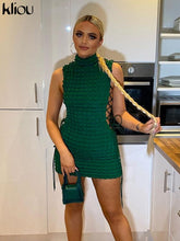 Stunning Stacked Mini Dress Women Sexy Solid Mock Neck Sleeveless Draw String Bodycon Party Clubwear Elegant Female Skirt