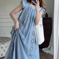 Summer New Ladies Tencel Small Flying Sleeves French Waist Dopamine Blue Designer Dress