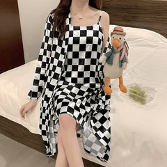 Spring Silk Pajamas Women's Long-sleeved Nightgown Suspenders Suit Women's Thin Section Sexy Home Wear Large Size