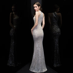 Hanging neck sequin evening dress hollow new temperament host elegant slim slim model catwalk fishtail skirt