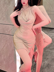 Sexy women's pajamas split open back halter nightdress bag skirt split chain skirt