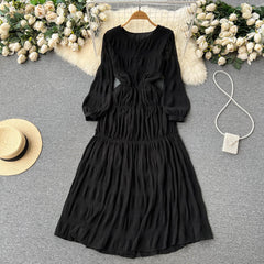 New pleated solid color dress female waist slim chiffon A-word  loose elegant knee-length dress
