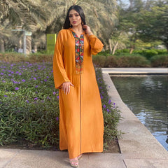 Ethnic Beaded Tassel Hooded Abaya Dress Fashion Muslim Women Clothing Moroccan Caftan Arabic Robe Orange