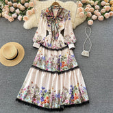Elegant Floral Dress Lace-up Bow Knot Slim Lace Long Dress