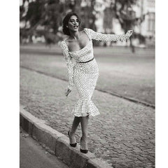 Elegant White Knotted Strap Polka dot Mermaid Hem Summer Pencil Midi Dress Women Slim Bodycon Office Lady Ruffle Dresses
