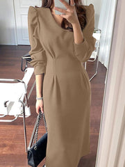 VONDA Elegant Party Sundress Summer Women Long Puff Sleeve Solid Color Midi Dress Casual Loose Pleated V Neck Sexy Vestidos