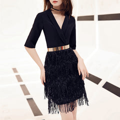 Ladies V Neck Long Sleeve Cropped Hip Tassel Banquet Birthday Party Dress