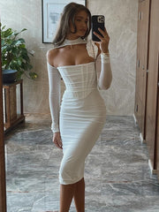 Double Layers Mesh Sexy Summer Dress Women 2022 Strapless Long Sleeve Bodycon Midi Dresses Solid Elegant Party Clubwear