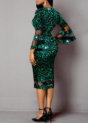 Ladies Printed Trumpet Sleeve Dress V-neck Elegant Mesh Stitching Package Hip Skirt