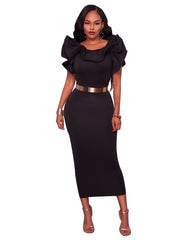 Long skirt dress with ruffled sleeves and pile neck slit