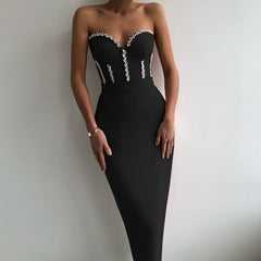 Sexy Strapless Women Bandage Bodycon Dress 2023 New Elegant Beaded Evening Club Midi Dress Summer Autumn Clothes