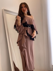 Elegant Lace Panel Ruffle Belt Slit Dress