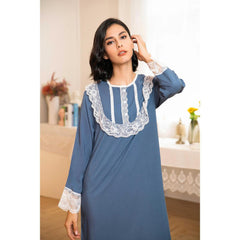 بيجامة أوروبية وأمريكية فستان نوم طويل دانتيل للسيدات بأكمام طويلة وتنورة منزلية فستان أزرق