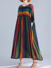 Ladies summer new art large size women's clothing fat MM200 catties short-sleeved colorful striped dress cotton and linen