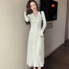 Fashion Korean Vintage V-Neck Single-breasted Long Sleeve Elasticity Midi Dress Women Casual Bodycon Skinny Knitted Ruffle Dress