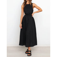 2023 Summer New Women's Fashion Sexy Solid O Neck Sleeveless Backless Hollow Out Tunic Elastic Waist Dress Lady Bodycon