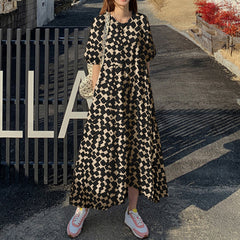 ZANZEA ladies Japanese and Korean style temperament leopard print ladies long skirt round neck bubble half sleeve and ankle skirt fashion trend elegant literary skirt loose spring and autumn daily leisure vacation style long dress large size