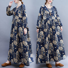 Ethnic style cotton and linen new literary plus size women's clothing fat MM plus fertilizer to increase printing long-sleeved dress women