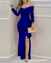 European and American women's clothing 2021 new velvet one-shoulder long-sleeve slit dress