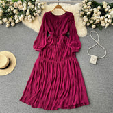 New pleated solid color dress female waist slim chiffon A-word  loose elegant knee-length dress