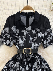 High-end light luxury temperament short-sleeved V-neck waist slimming lace stitching printed A-line dress elegant long skirt