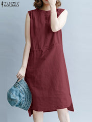 ZANZEA Summer Sleeveless Casual Knee-length Dress Fashion Women Solid Work Vestido Elegant Drawstring Waist Party Sundress Robe