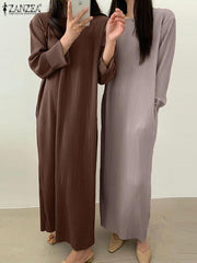 ZANZEA Elegant Long Dresses For Women Causal Loose Full Sleeve Spring Dress Female O Neck Solid Vestidos Work Robe Femme